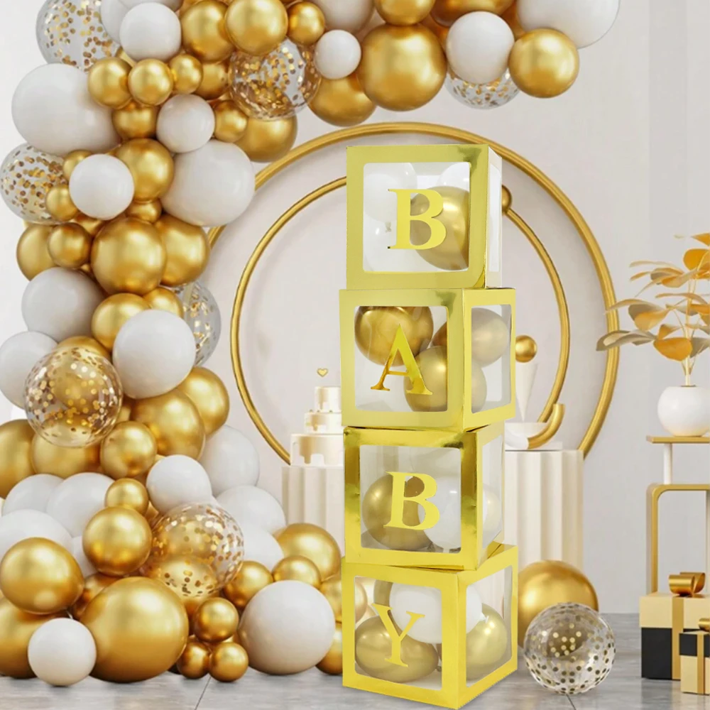 Runtowo 4 Stück Goldbox + BABY-Buchstaben, transparente Ballonbox mit Namen und Alter für Geburtstagsparty-Dekoration, Foto-Requisiten für Babyparty-Partys