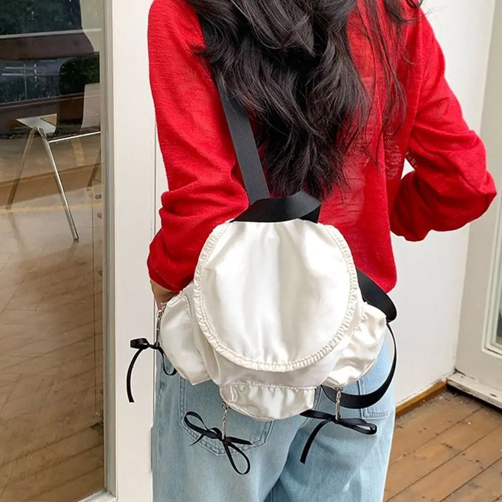 Fashionable Korean Style Drawstring Backpack Preppy Silver Nylon Backpack Commute Pearly Luster Ribbon Bow Shoulder Bag Girls