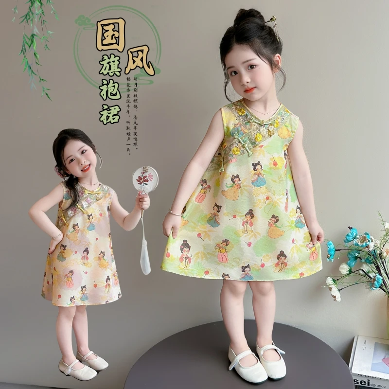 Little Girl Sleeveless New Chinese Qipao Dress Summer Vintage Cartoon Figure Print Kids Traditional Cheongsam Dress 3-6Y