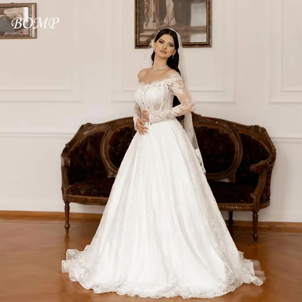 

BOMP Vintage White Lace Wedding Dress Sweetheart Full Sleeves Corset A-Line Floor Length Bridal Gown Customzied Vestido de novia