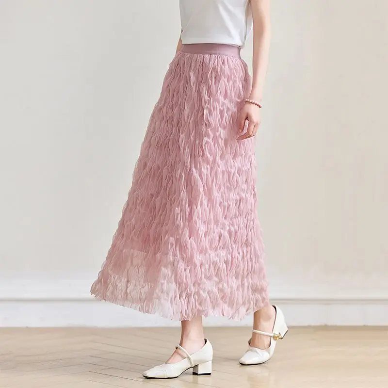 

Romantic vacation style elastic high waist light and elegant three-layer A-word mesh korean style skirts for women