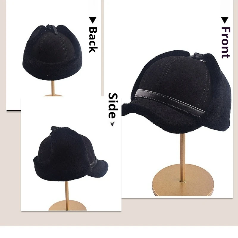 قبعة شتوية من الجلد للرجال مع غطاء للأذنين مبطن بالفرو من مزيج الصوف قبعة طيار روسية مع حماية للأذن نمط بيسبول دافئ #5