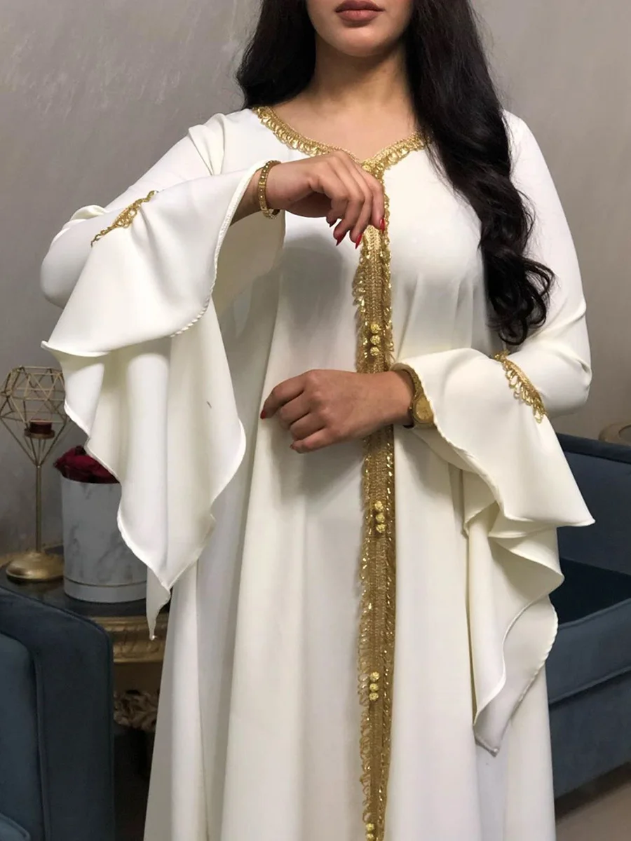 

Siskakia Jalabiya Kaftan Dress For Women Dubai Turkey Golden Ribbon Embroidery Loose Muslim Arabic Islamic Clothing White 2020