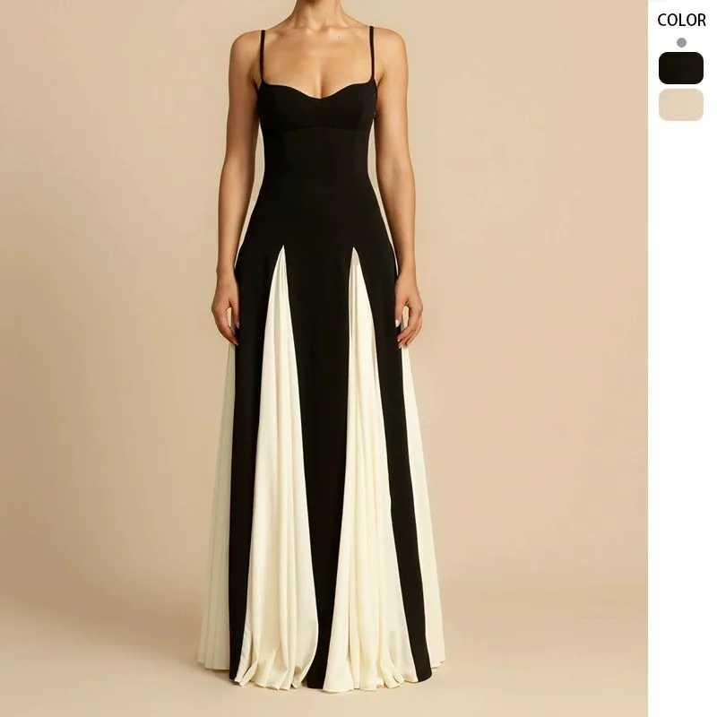 เดรสยาวทรงเข้ารูป สีตัดต่อ สายเดี่ยว โชว์หลัง เซ็กซี่ สวยสง่าสำหรับผู้หญิง ฤดูร้อน ปี 2025