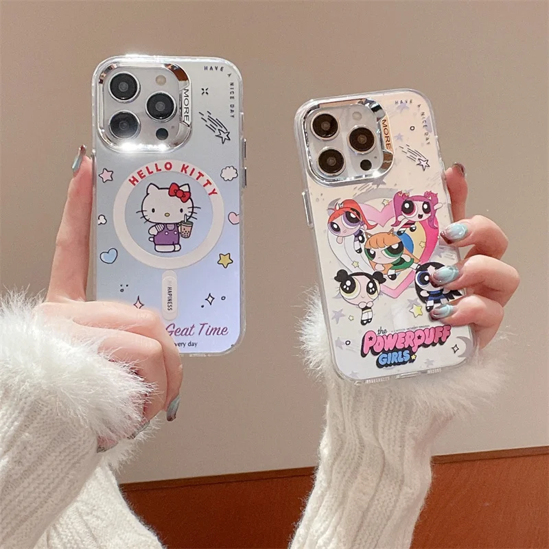 Olá Kitty Powerpuff Meninas dos desenhos animados prata pressionado casos atração magnética, bonito casos IMD, apto para iPhone 15, 14, 13, 12, Pro, Max