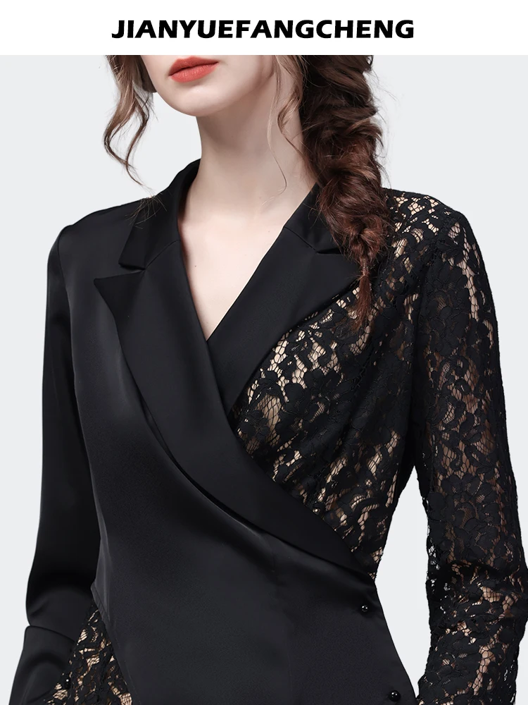 Fashion Spliced Design Women\' Long Sleeve Suit Collar Black Lace Satin Top 2023 Spring Summer New Elegant Slim Casual Shirts