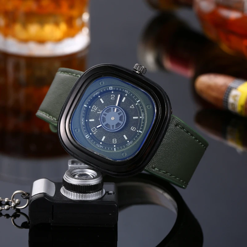 V6 V0291 Men Square Quartz Watch Fashion Green Black Military Sports Creative Leather Strap Wristwatches for Male Boy Clock
