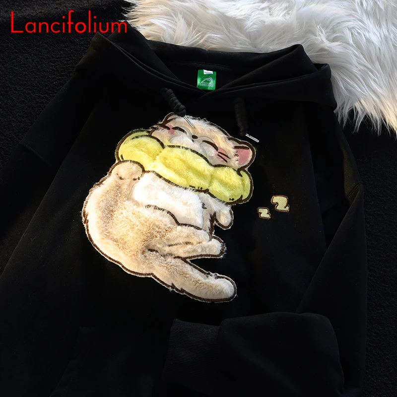 Flocking Kawaii  Cat Embroidery Hooded Hoodie Women Design Chic Kangaroo Pocket Preppy Couple Streetwear Jacket Sweatshirt Top