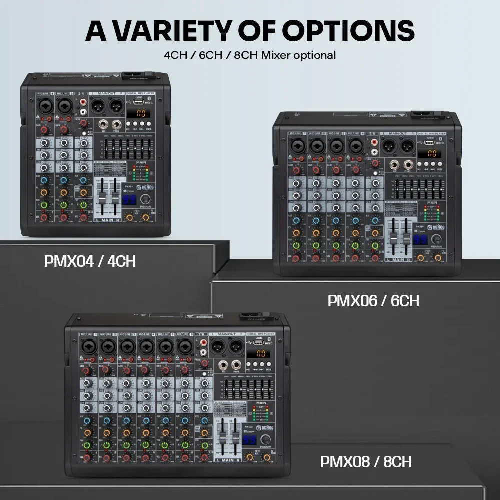 DGNOG PMX06 6 Channel Mixer 99 DSP Digital MP3 Input 48V Phantom Power Supply 7-stage Equalizer Podcast Recording with Bluetooth