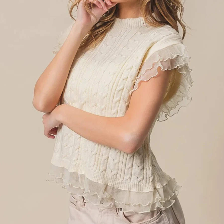 2025 женский осенне-зимний вязаный свитер, жилет, повседневный стильный однотонный вязаный топ без рукавов с рюшами и круглым вырезом
