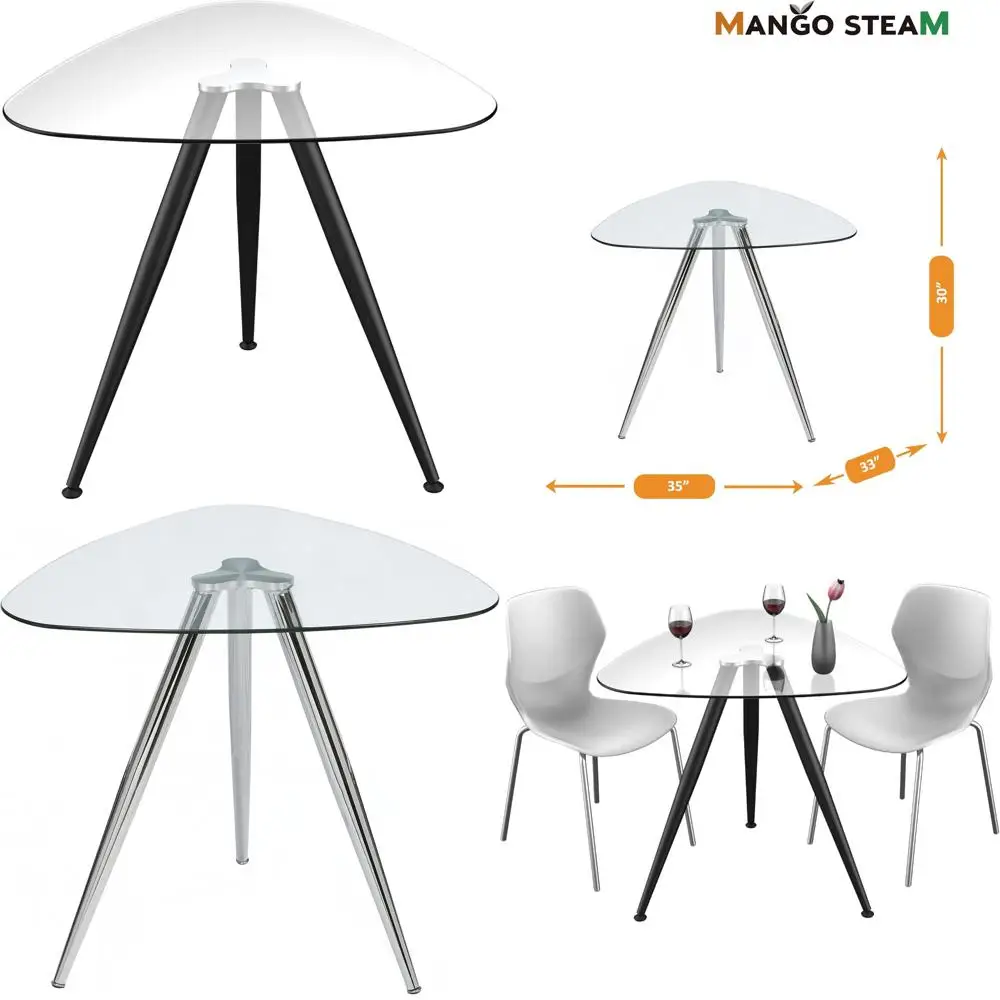 

Modern Black 3-Sided Bistro Table with Tempered Glass Top for Dining and Kitchen Use