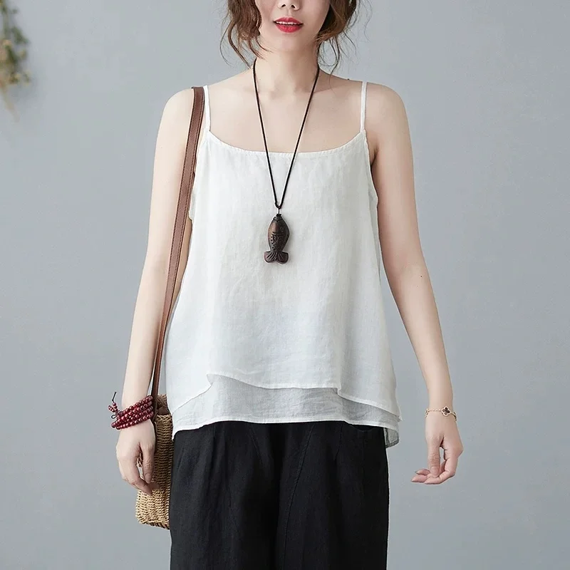 2026 New Spring Summer Vintage Cotton Linen Camis Women Solid Sleeveless Tank Ladies All Match Casual Bottom Vest Short Tops