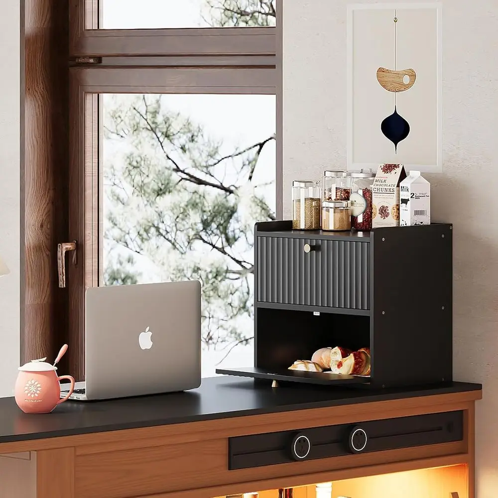 صندوق خبز كبير من الخيزران ذو طابقين - منظم تخزين سطح المطبخ على طراز المزرعة الريفية باللون الأسود #6