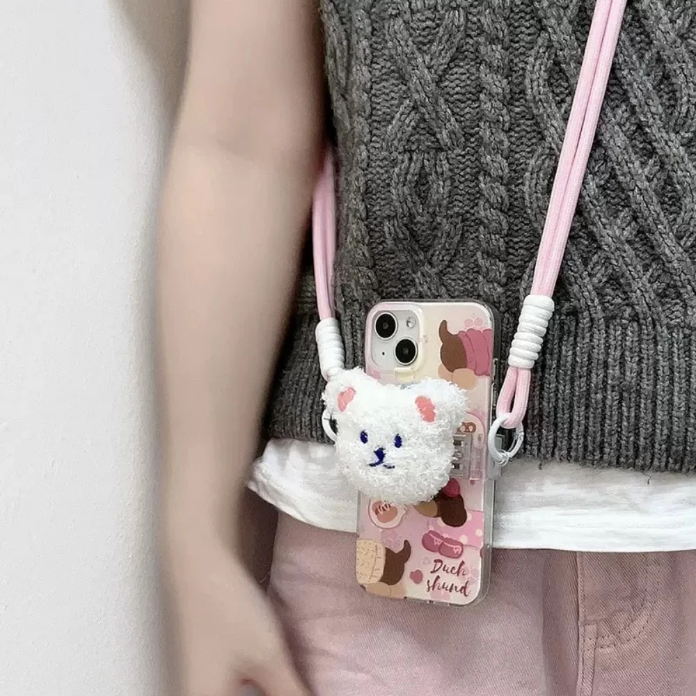 

Korean Cute Plush Teddy Bear Back Sticker with Hanging Rope Phone Holder GripTok GripTok Supports All Phones Magsafe Accessories