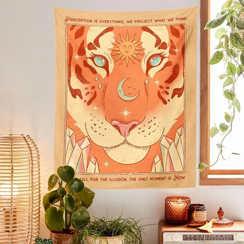 

Vintage Tarot Tiger Leo Sun Moon Star Tapestry Psychedelic Moon Phase Wall Art for Room Decor