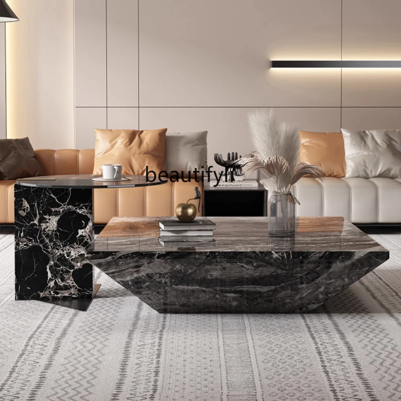 

Living Room Home Combination Side Table Mobile Italian Style Light Luxury Brown Marble Coffee Table