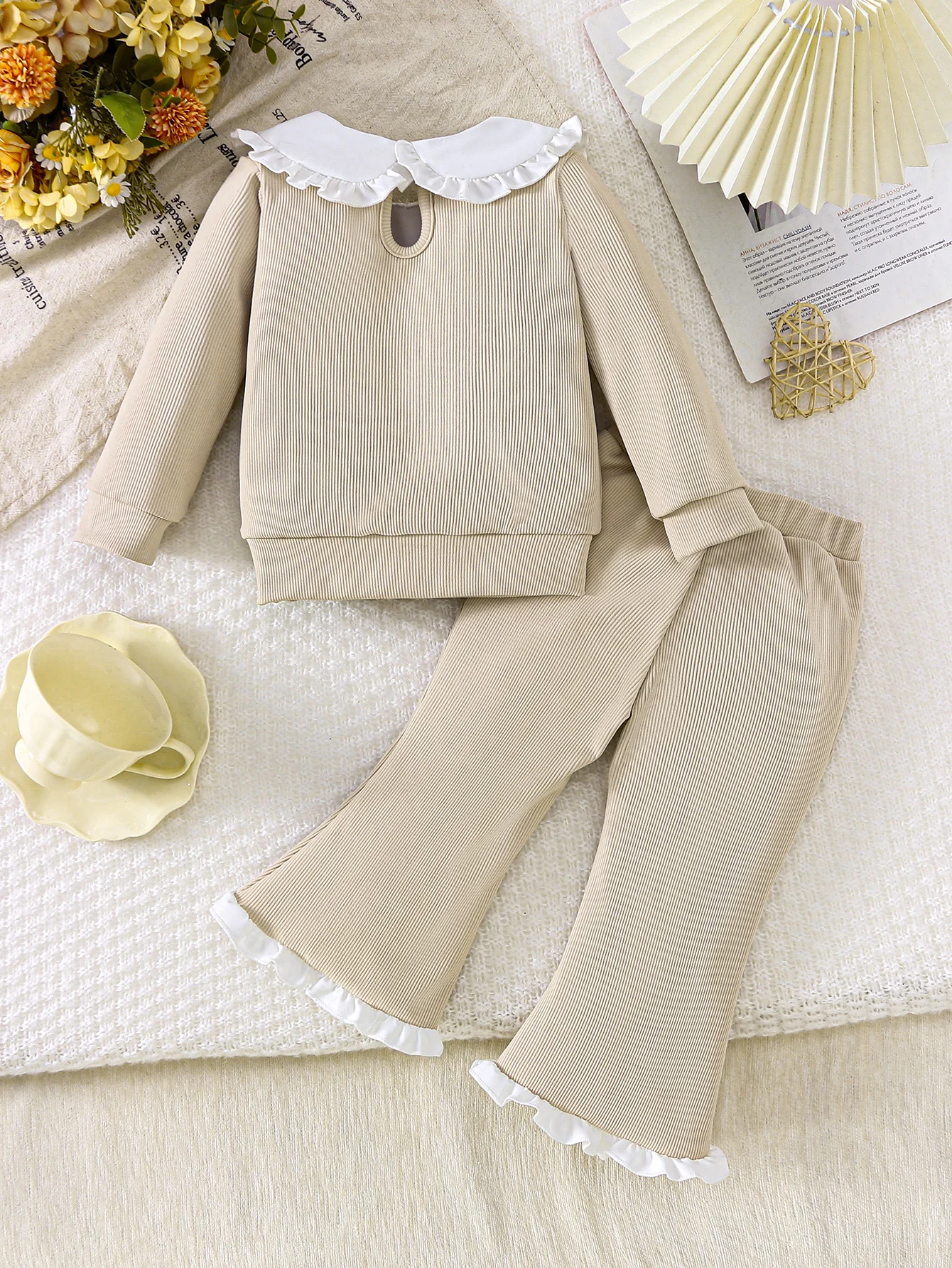 Spring/Fall Baby Girl (0-4Y) Beige Peter Pan Collar Knit Top & Lace Trim Pants 2pc Set: Soft Skin-Friendly Knit Fabric, Warm