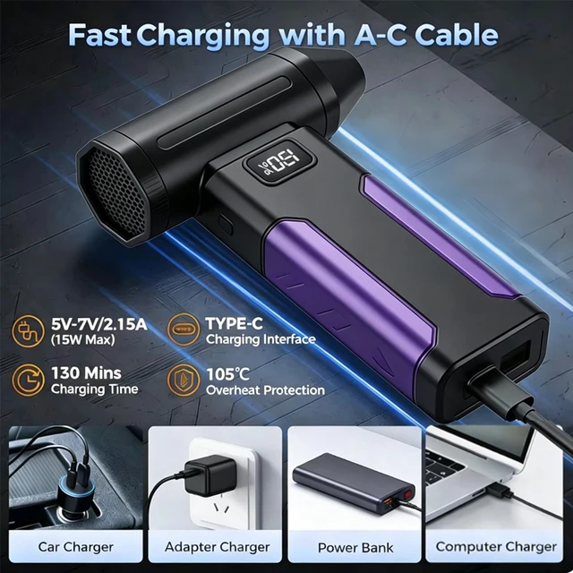 160000RPM Turbo Fan High Power Jet Fan Air Duster Motor Variable Speed Dust Blower Brushless Clean Tool Handheld Air Mini Blower Brushless Turbo Jet Fan Air Duster – Variable-Speed Electric Dust Blower for PCs, Keyboards and Cars