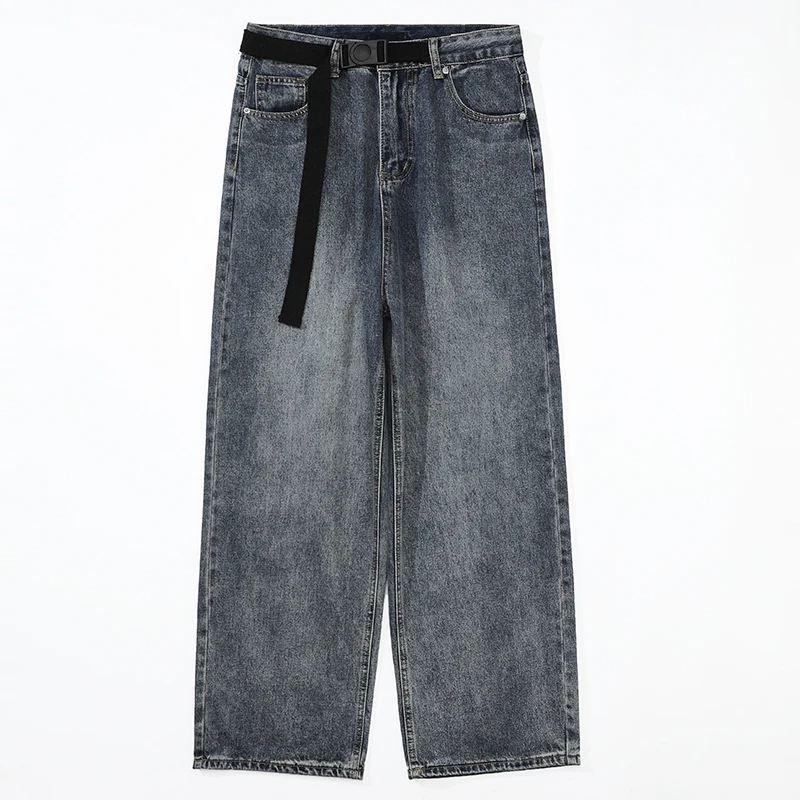 2023 Autumn New Blue Solid Simple Jeans With Belt Male Casual Mopping Denim Pants Men Oversized Zipper Wide Leg Jean Pants