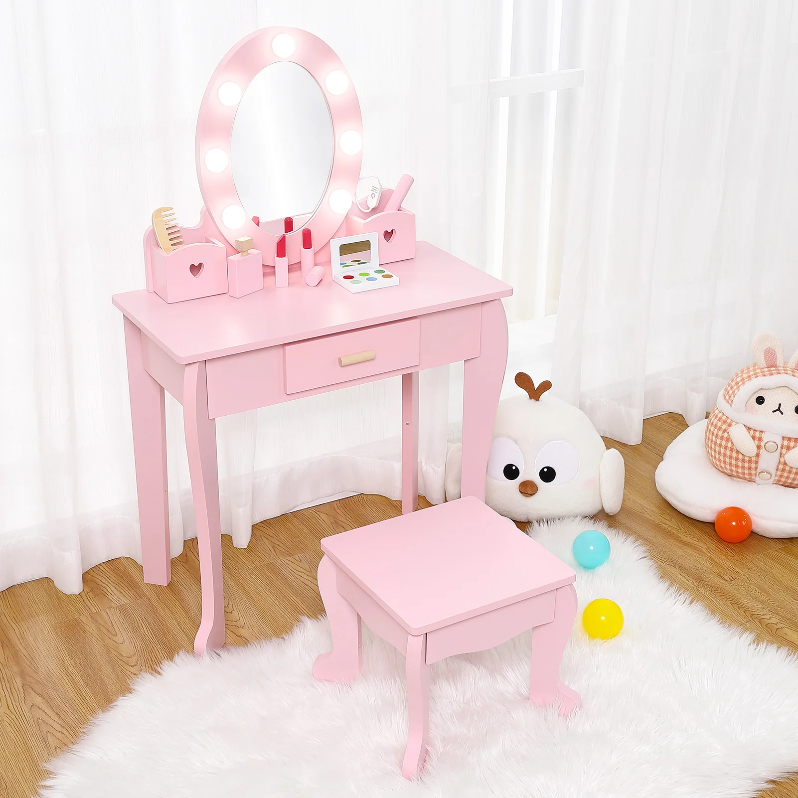 Girls' Vanity Table and Chair Set, Kids Makeup Dressing Table with Lights & Wood Makeup Playset, Kids Vanity Set with Mirror