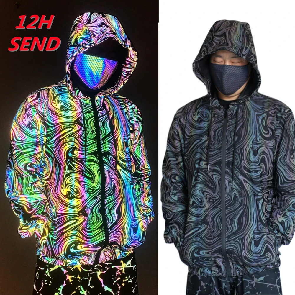 New Night Reflective colorful jackets Windbreaker Hooded Jacket Men Hip Hop Dancer singer Waterproof Zipper Coats Loose Hooded