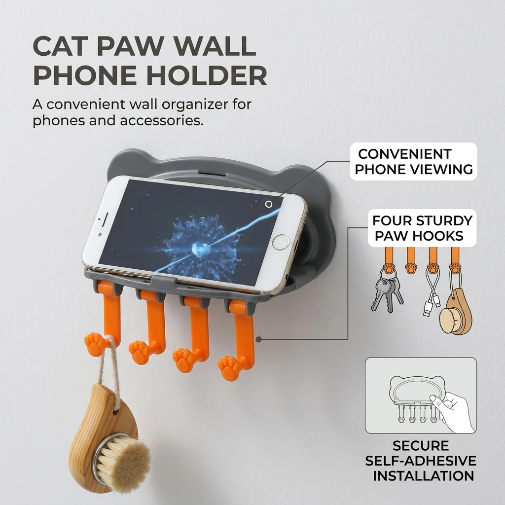 Creative Cat Paws Wall Mount Phone Holder with Self Adhesive Design for Bathroom KitchenStorage Shelf Space Saving for Cellphone view 4