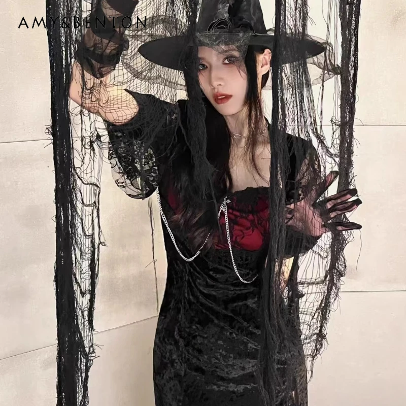 

Gothic Dark Punk Design Halloween Women's Clothing 2025 Autumn New Lace Sexy Hollow Out Printing Hot Gir Long Dresses Ladies