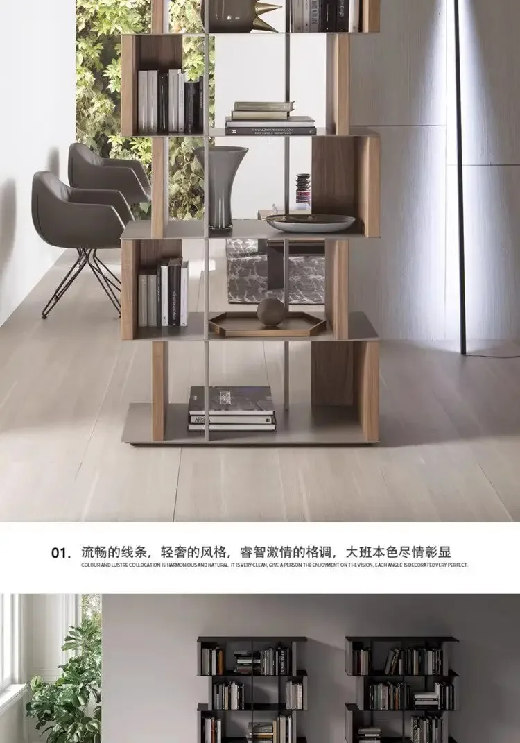 solid wood bookshelf floor-to-ceiling light luxury stainless steel bookcase simple open shelf steel and wood display shelf