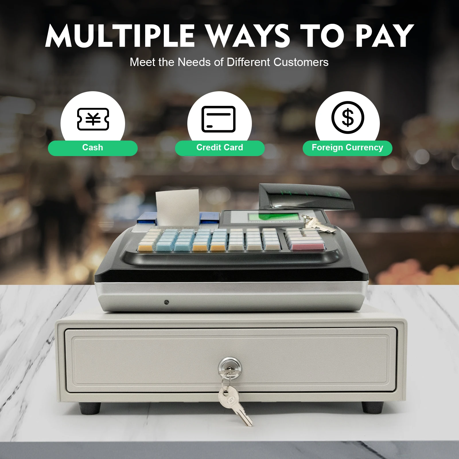 نظام تسجيل المدفوعات النقدية POS ذو 48 مفتاحًا مع شاشة مزدوجة ومثقّح الأوراق النقدية - ماكينة تسجيل النقود الإلكترونية لمتجر مطعم البيع بالتجزئة #6