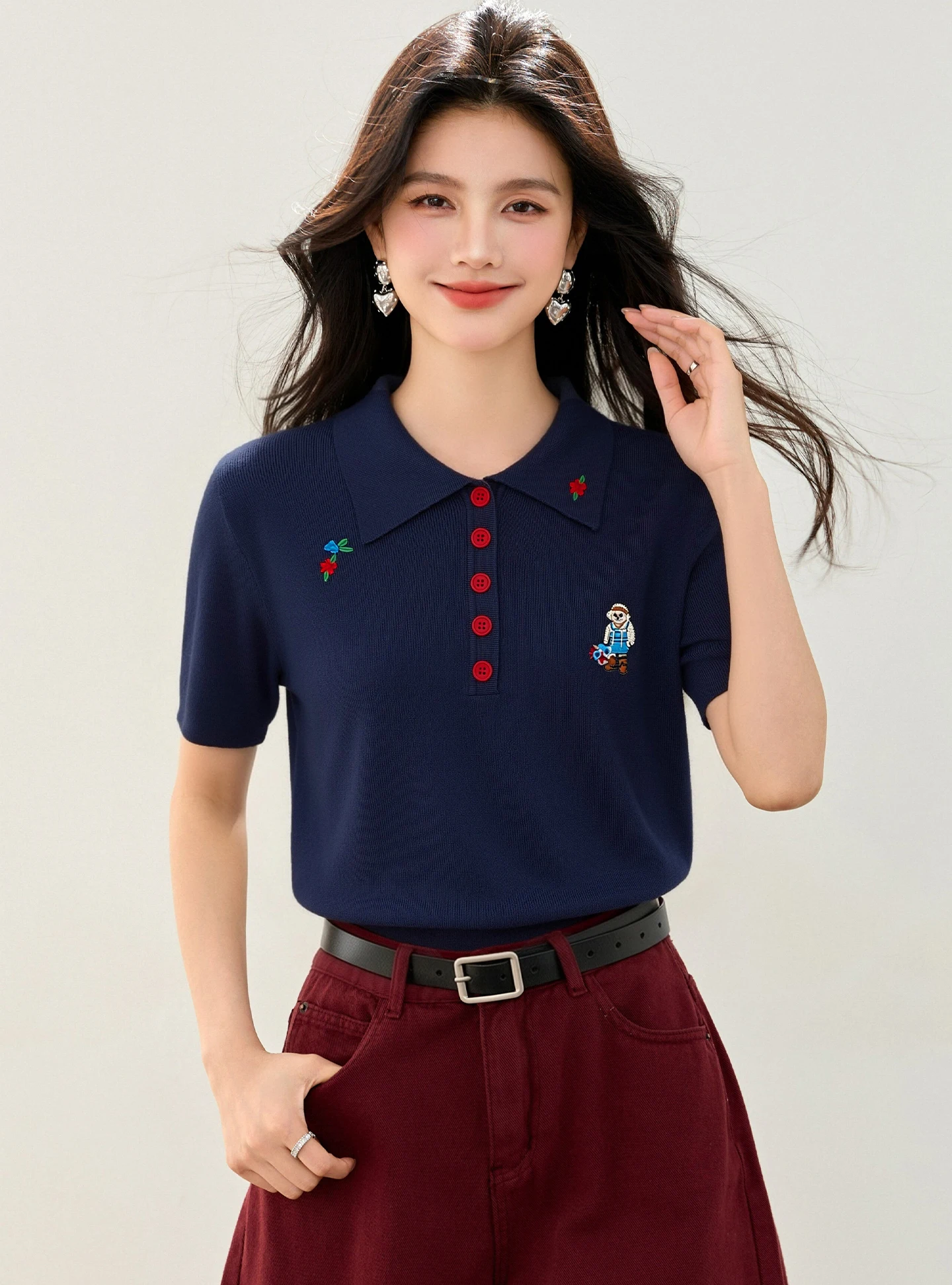 Summer Polo Shirt Cartoon Bear Embroidered Collar Short Sleeve Slim Fit Fashion Top