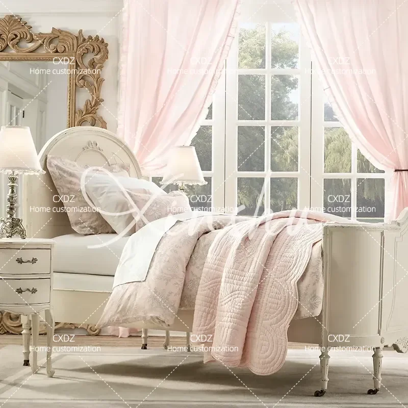 Retro Solid Wood Single Bed 1.35m Princess Style Carved Frame for Villa Bedroom Country Style Small Bed for Second Room