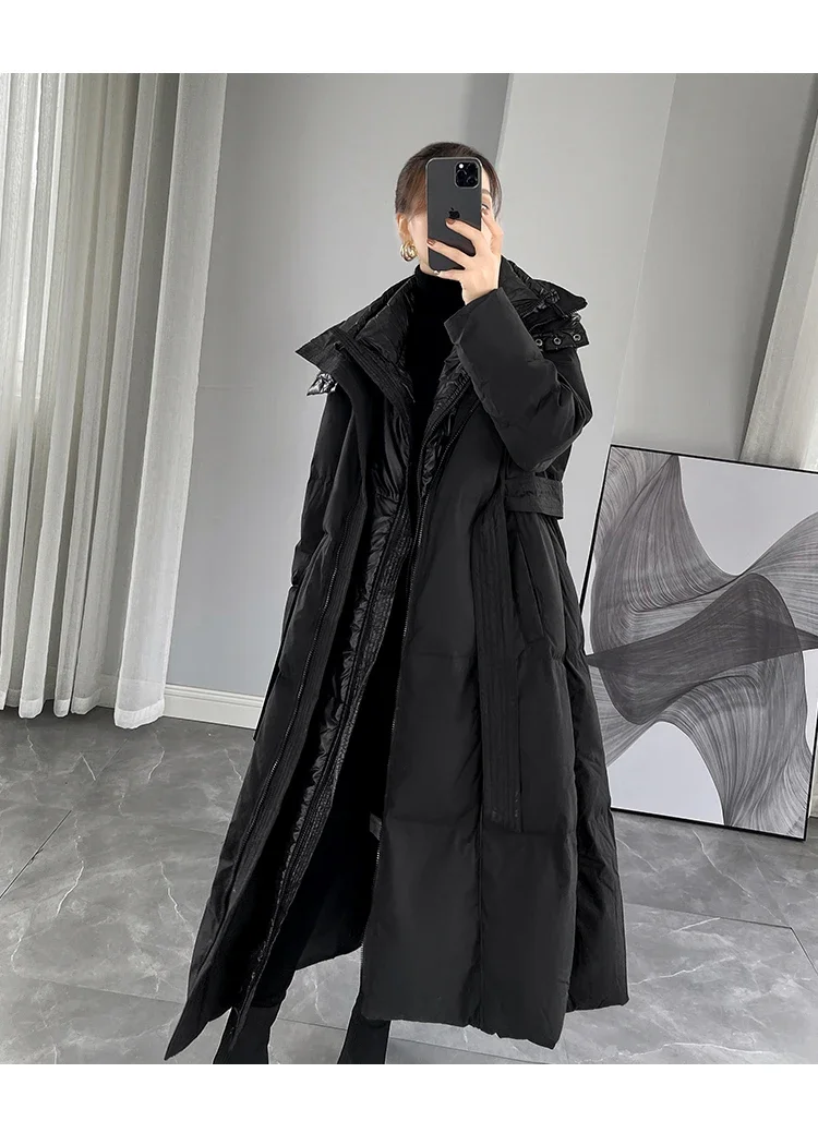 Winter New Fashion Women 90% White Duck Down Coat Hooded Slim Fit Thickened Long Down Coat High End European Women Warm Coat