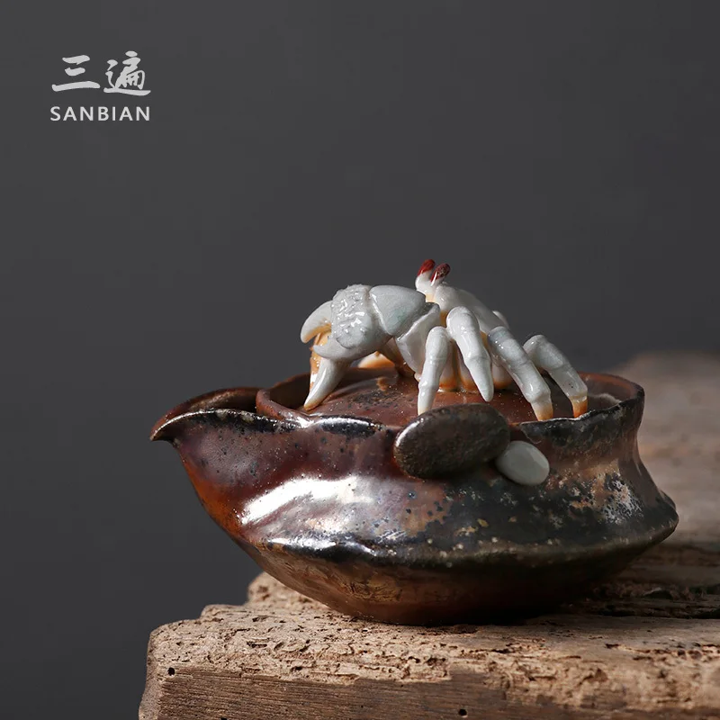 Three Time Japanese Style Crab, Treasure Bottle, Wood Fired Teapot, Rough Pottery, Hand-Held Fully Handmade Kung Fu Tea