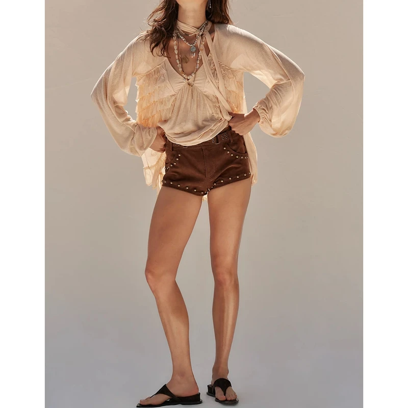 Combhasaki Vrouwen Sheer Mesh See-through Shirt Tops Lantaarn Lange Mouw V-hals Ruche Trim Blouse met Sjaal Beachwear Cover-ups