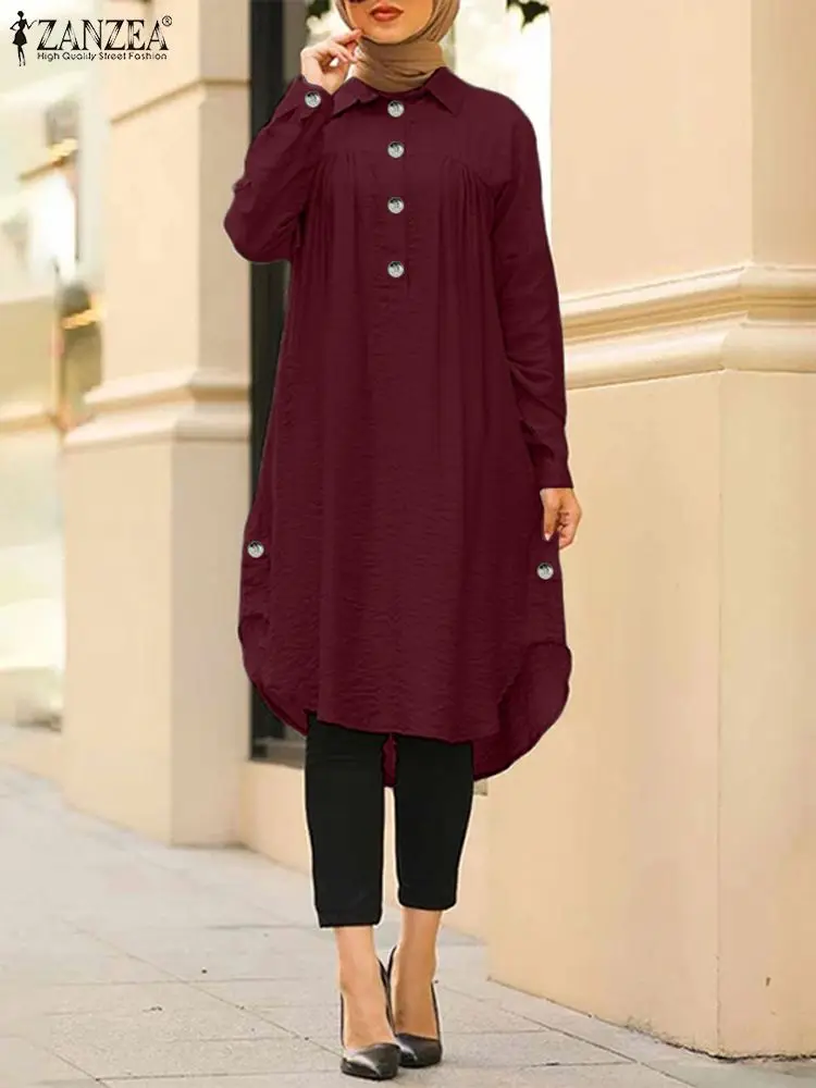 

ZANZEA Women Muslim Long Tops Spring Long Sleeve Lapel Neck Ramadan Abaya Turkey Blouse Elegant Casual Loose Dubai Shirt Kaftan