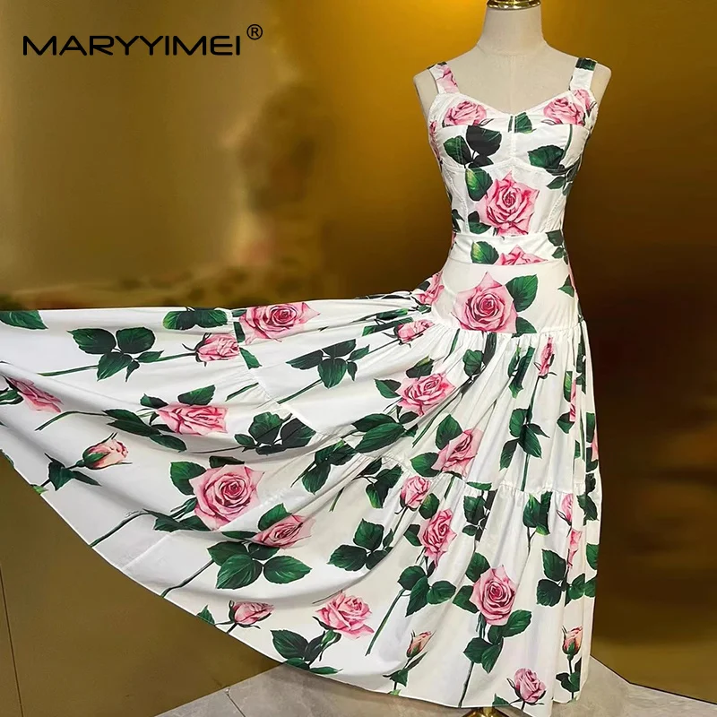 MARYYIMEI Floral-Print Pleated Splicing Fashion Suit For Women Sweetheart Neck Spaghetti Strap Tops+A-Line Big Swing 2-piece set image 4