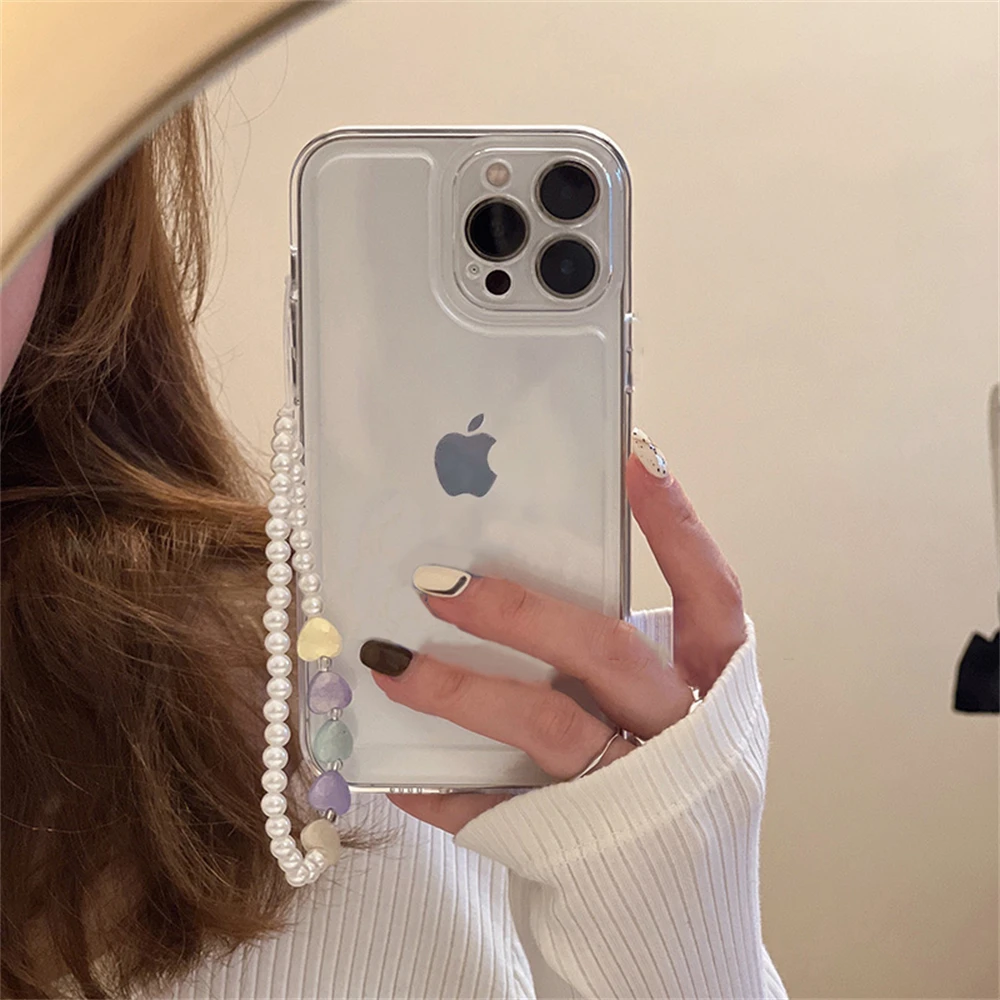 Korea Cute Pearl Heart Bracelet Transparent Phone Case For iPhone 17 16 14 15 13 12 11 Pro XS Max 16 Plus Shockproof Soft Cover