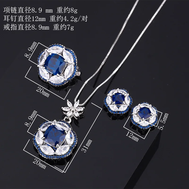 

Jewelry Set Luxurious Temperament Royal Blue Sapphire Stud Earrings Ring Necklace for Women 10*10