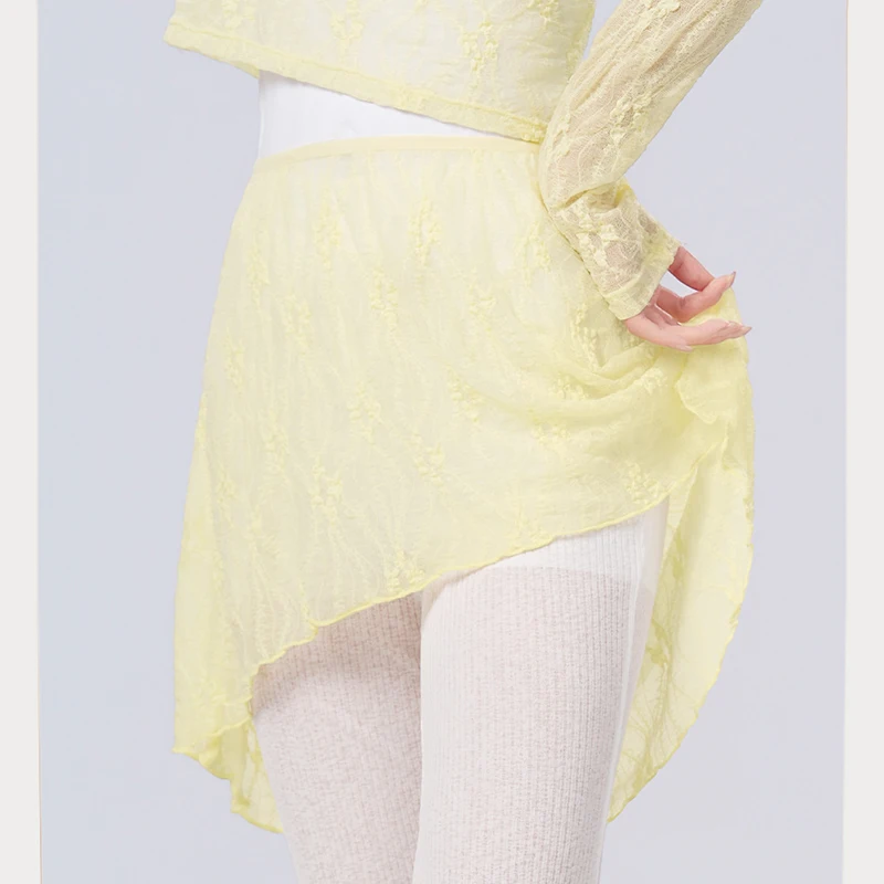 Adult Nylon Sheer Tulle See-through Soft Lace Dance Skirt Women Elegant Irregular Hem Knit Short Dress Gymnastics Yoga Costumes