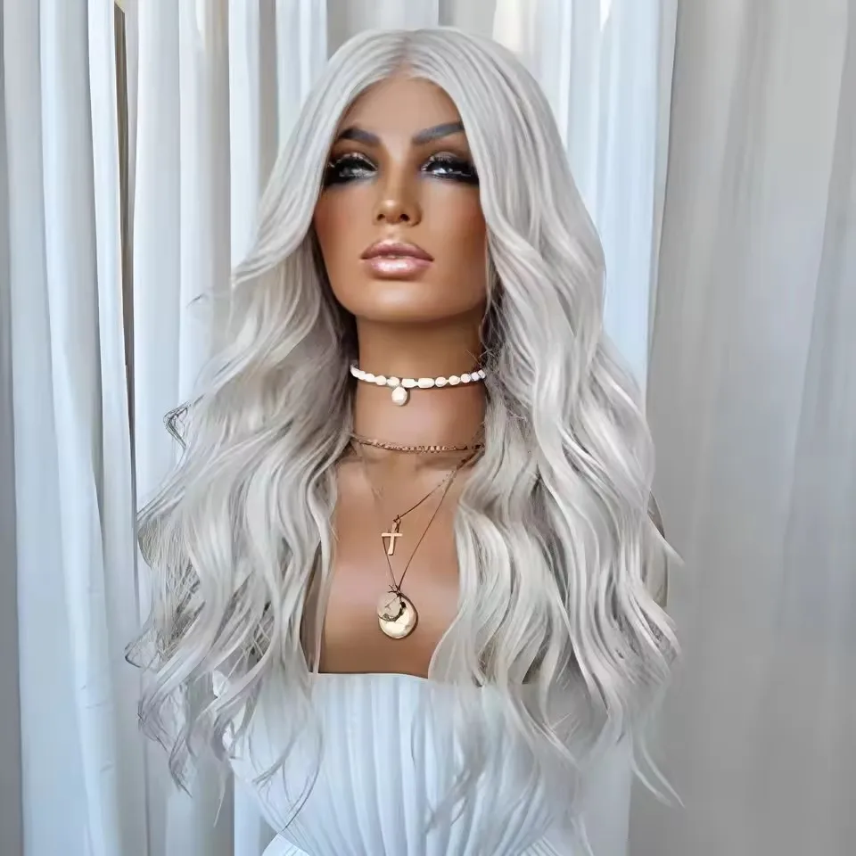 Synthetic Hair Transparent Lace Silver Blonde Body Wave Lace Front Wig For Women Glueless Pre Plucked Cosplay Daily Wear Fiber