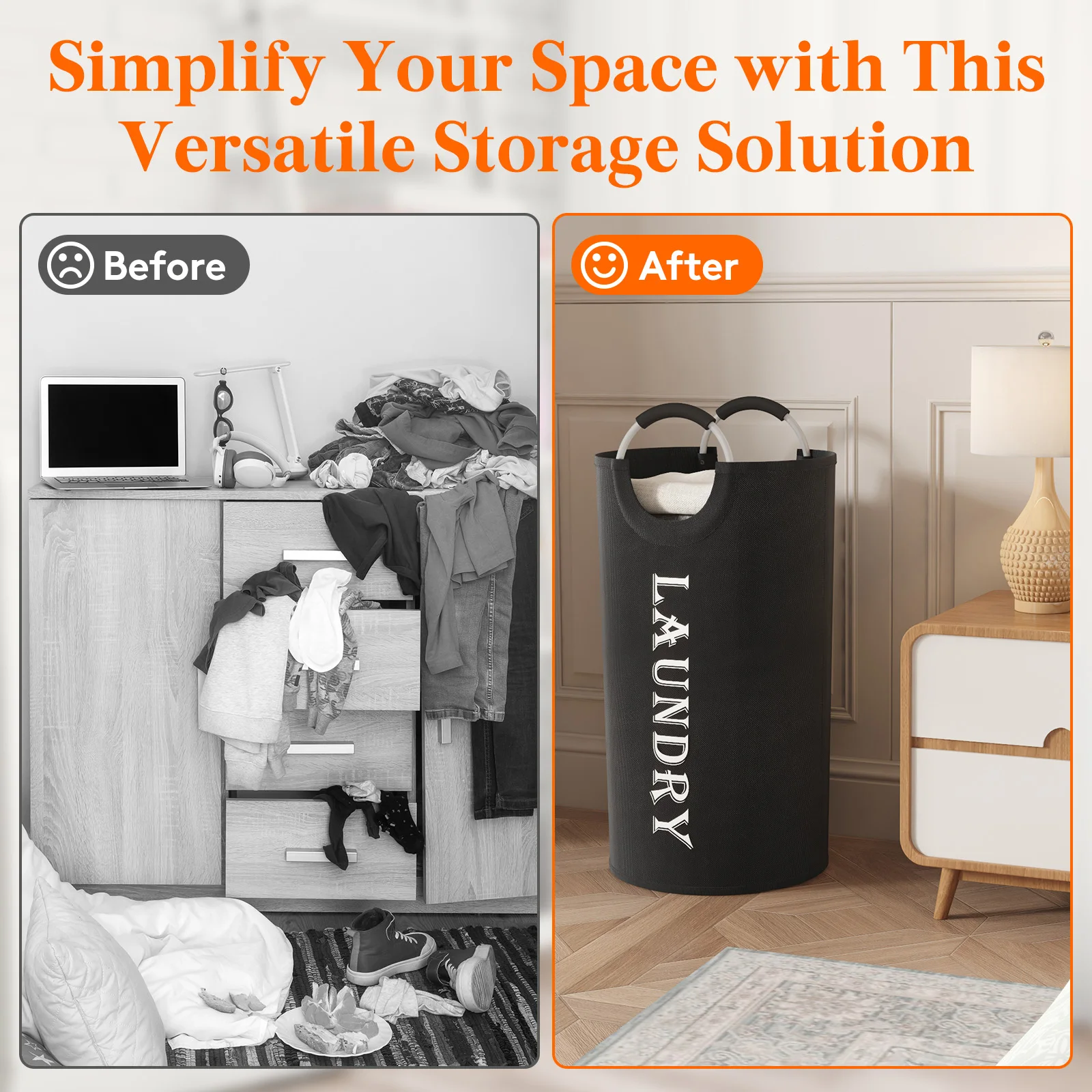 سلة غسيل، سلة غسيل قابلة للطي بمقابض من الألومنيوم، سلة ملابس قذرة مقاومة للماء قائمة بذاتها