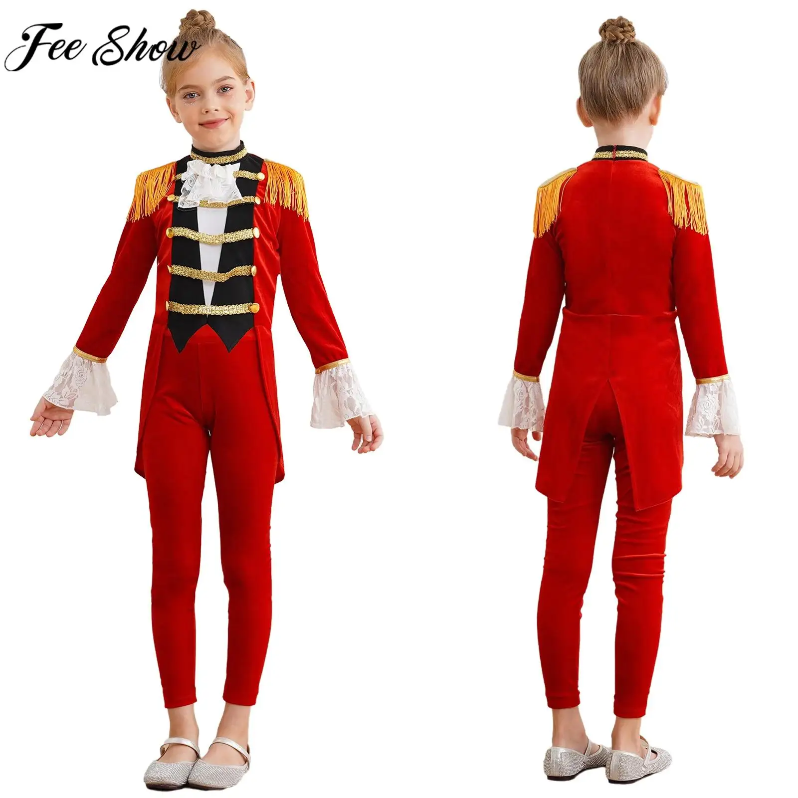 

Girls Circus Ringmaster Magician Cosplay Performance Costume Velvet Long Sleeve Lace Tailcoat with Pants for Halloween Carnival