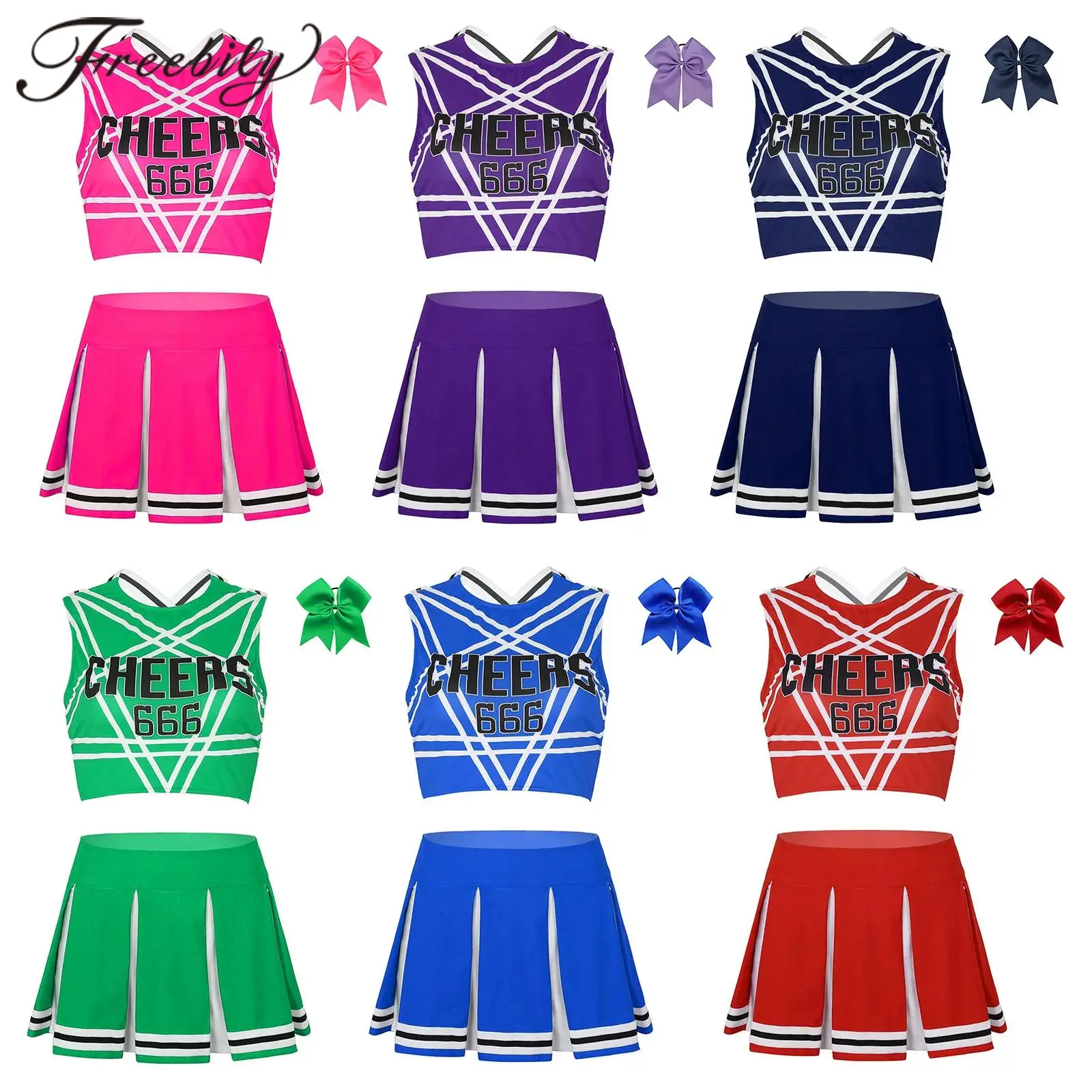 

Women Cheer Dance Uniform Cheerleader Costumes Outfits Top Mini Pleated Skirt Bowknot Hairband School Girl Cheering Teamwear