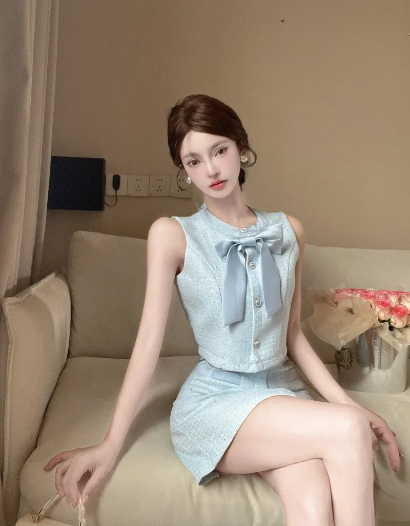 Temperament Celebrity Coarse Tweed Sleeveless Top Skirt Two-piece Set Women Bow Splice Single Breasted Slim Sweet Summer Wear