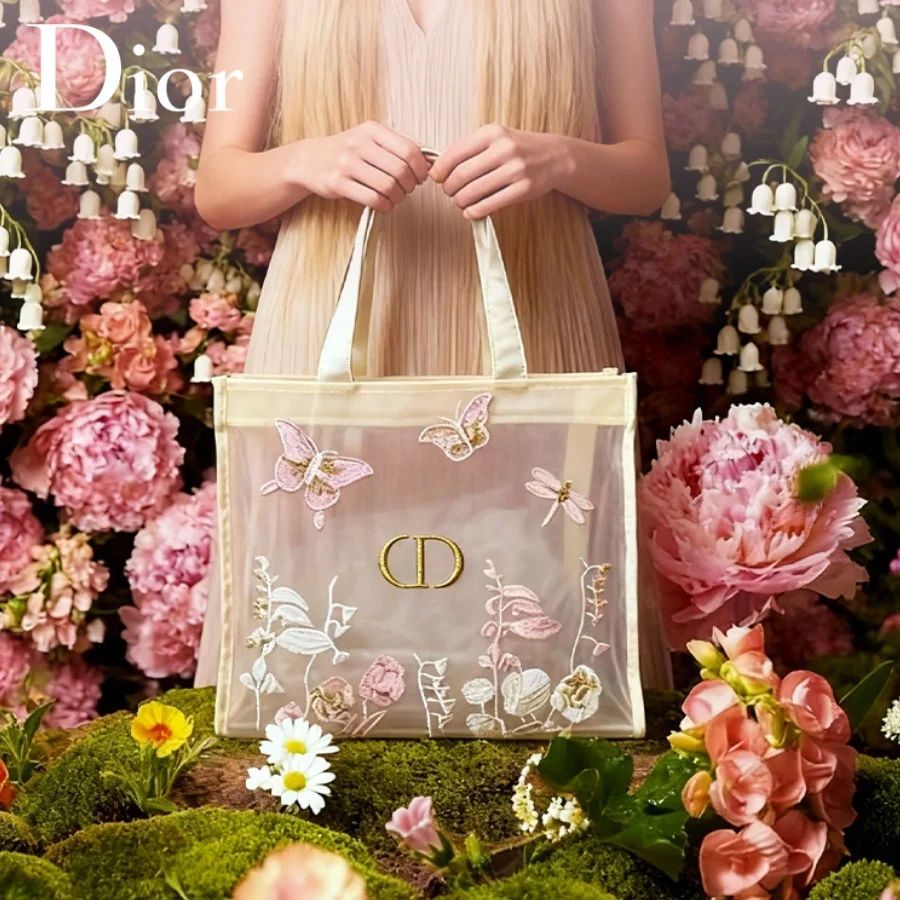Christian Dior Dior’s Bag Luxury Designer Semi-transparent Mesh Makeup Bag Butterfly Floral Print Travel Cosmetic Organizer Pouc view 2