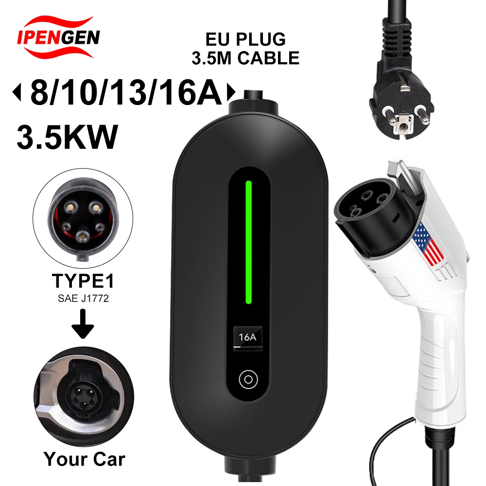 

Portable Timing EV Charger Type1 16A 3.5KW Electric Car Charger J1772 Charging Cable 8A-10A-13A-16A Adjustable Wallbox EVSE