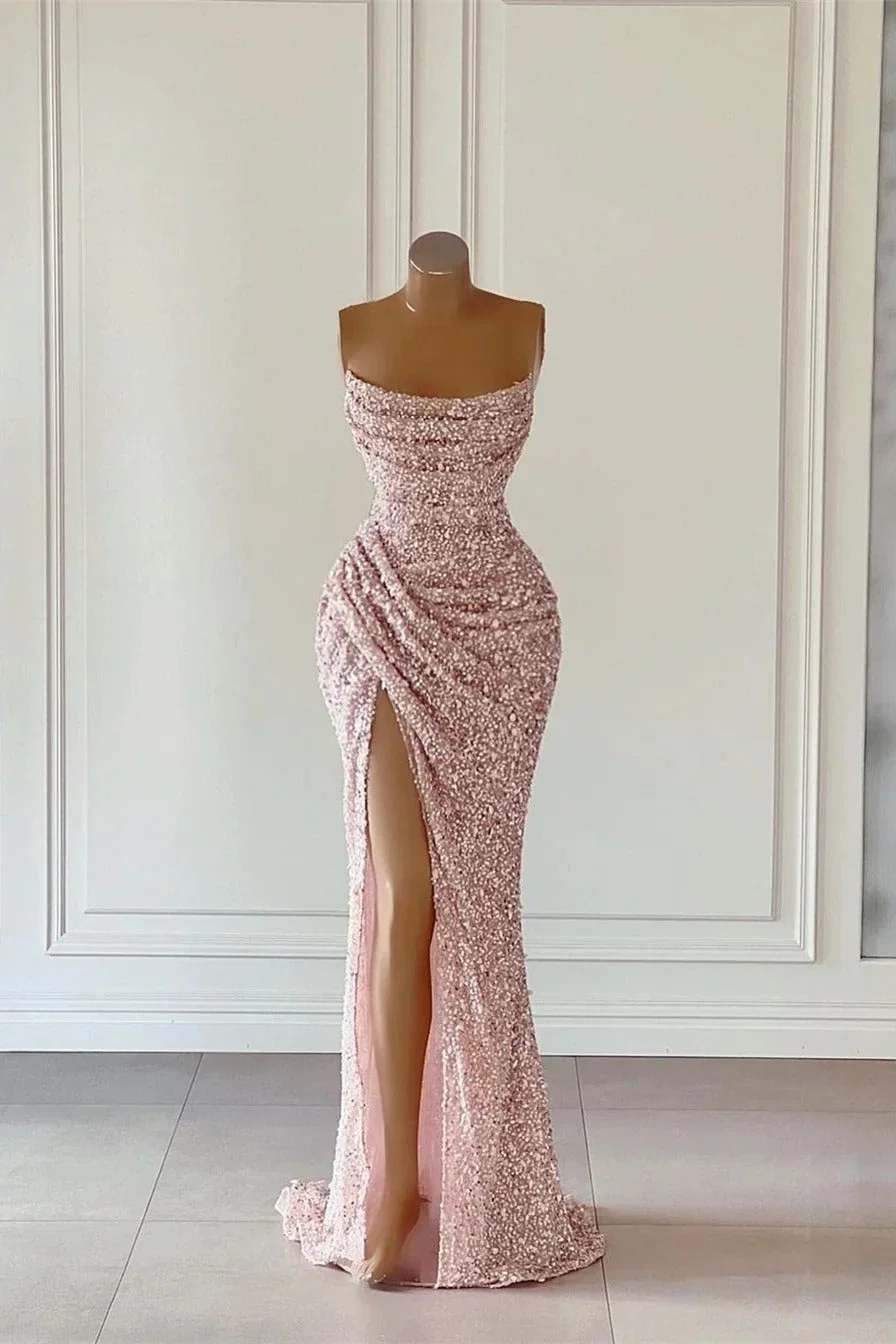 Vestido de noite plissado sem mangas, vestidos sexy sereia, fenda lateral, lantejoulas plissadas, baile de formatura, vestidos para ocasiões formais, rosa, 2023