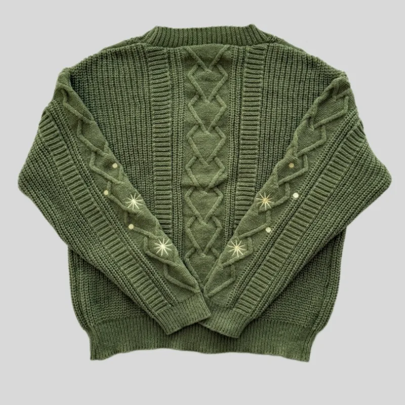 Season Knitted Cardigan Women Seven-pointed Star Embroidery Green Sweater Female Holiday Soft Long Sleeve Cardigans Fashion Tops view 2