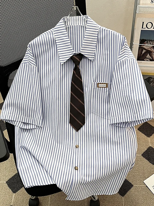 Summer Men's Loose ort Sve irt Striped Tie Casual American Sle Couple's f Sve Top Youth Faion No Ironing Needed