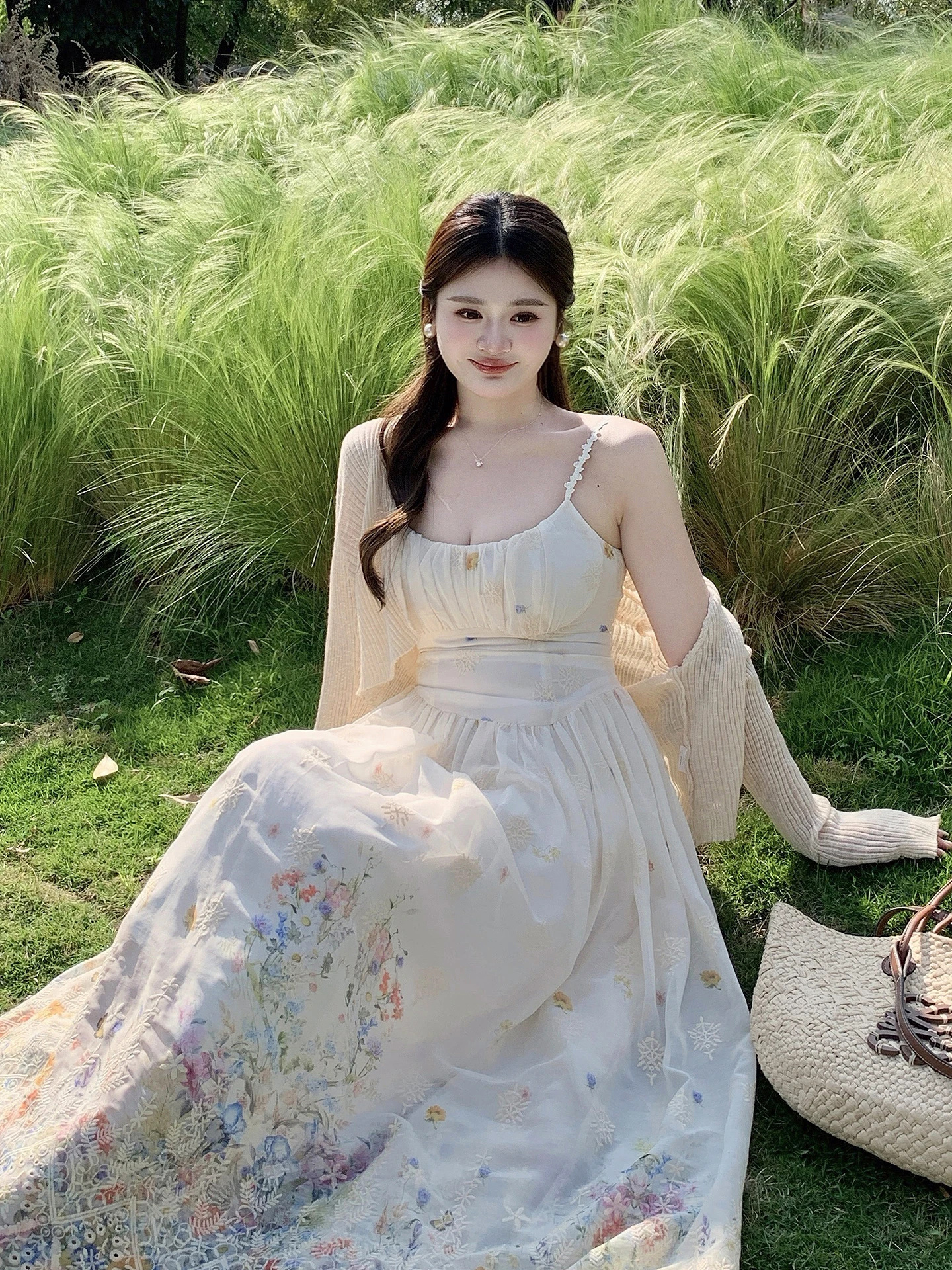 

Beach Vacation Style off Shoulder Embroidered Heavy Work plus Size Dress Floral Print Slimming High Waist Long Skirt Back Zipper